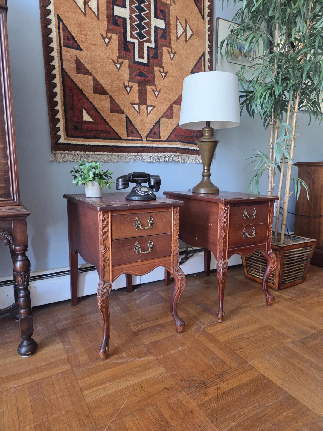 Pair of Vintage Two-Drawer Leather Bound Top Nightstands - photo 2