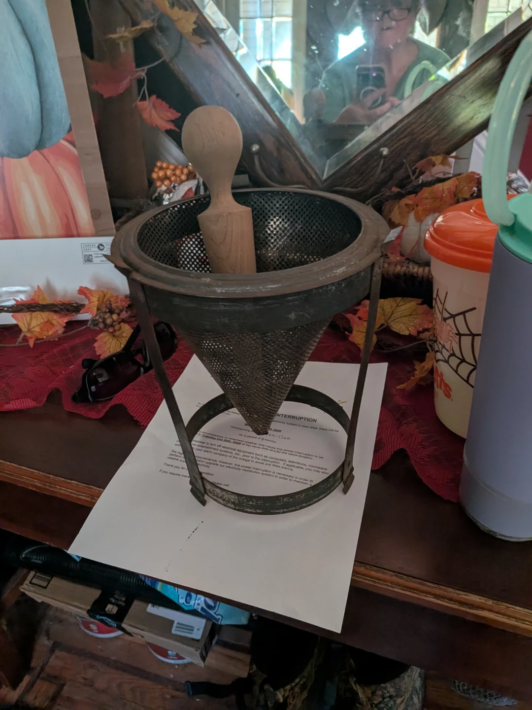 Vintage Metal Food Mill with Wooden Pestle