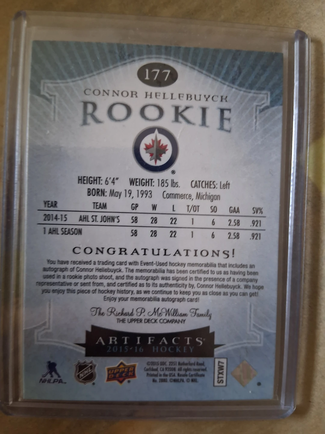 2015-16 Upper Deck Artifacts Connor Hellebuyck Rookie Card - photo 2