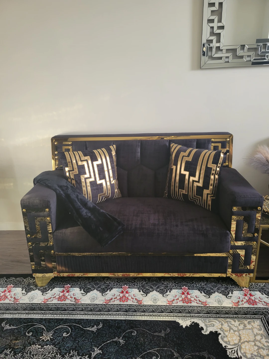 Luxury Black Velvet Loveseat with Gold Accents - photo 3