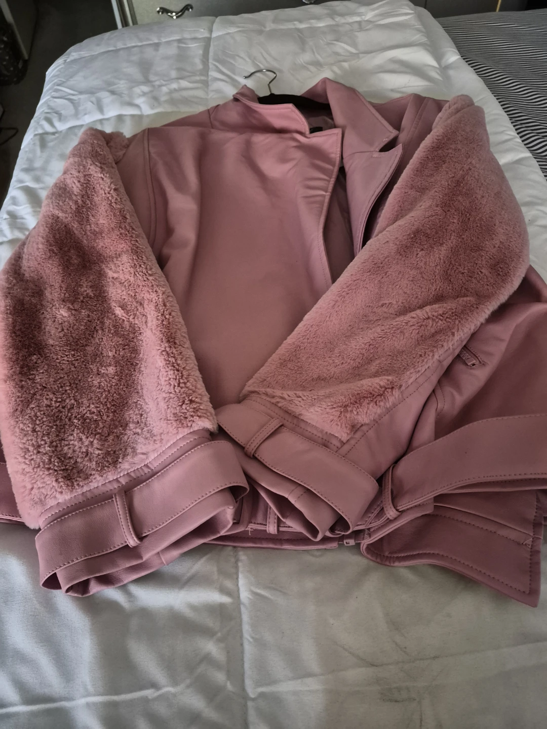 Pink Faux Leather and Faux Fur Moto Jacket