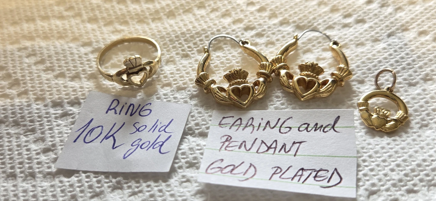 10K Solid Gold Claddagh Ring with Plated Earrings and Pendant