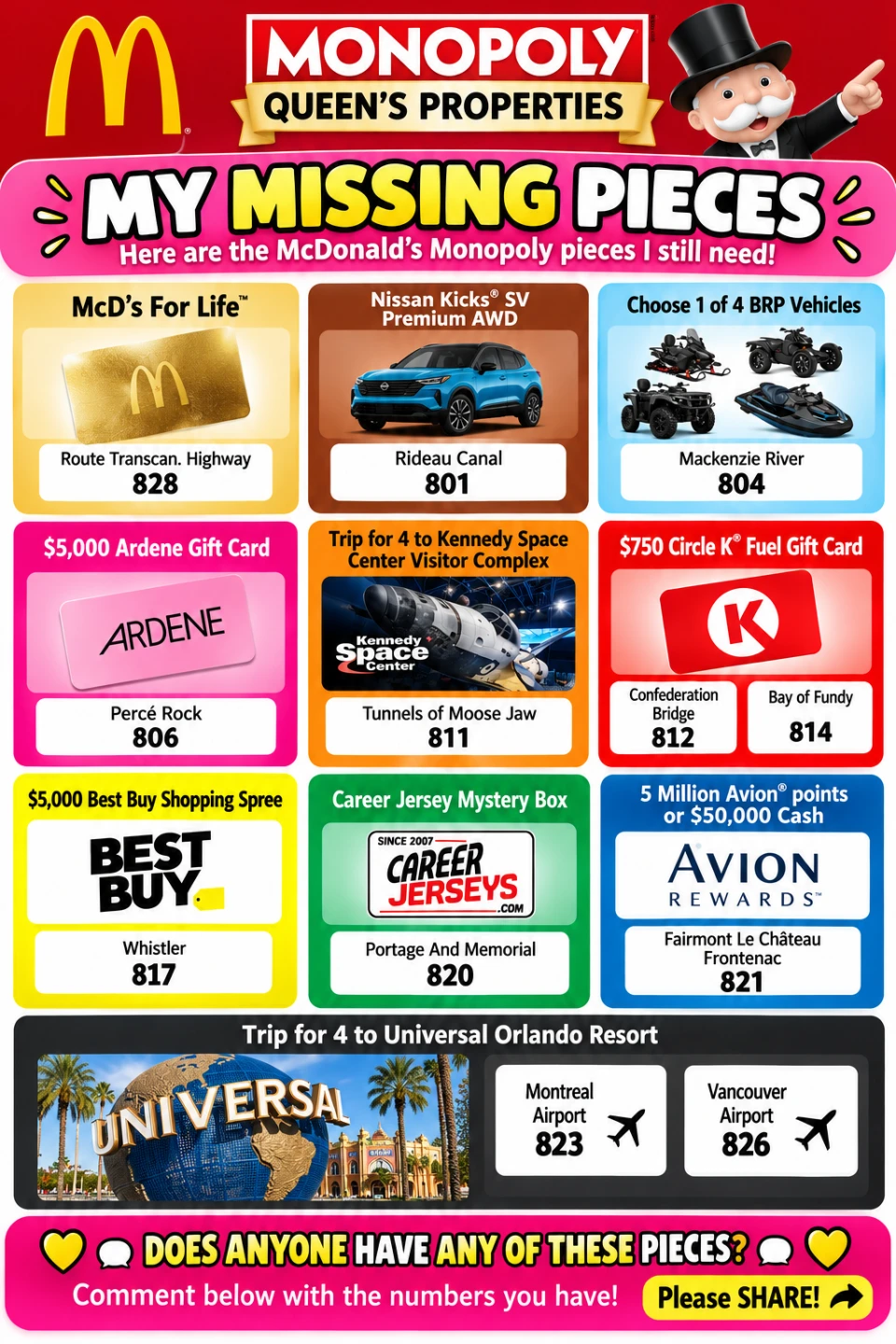 Wanted McDonald's Monopoly Pieces