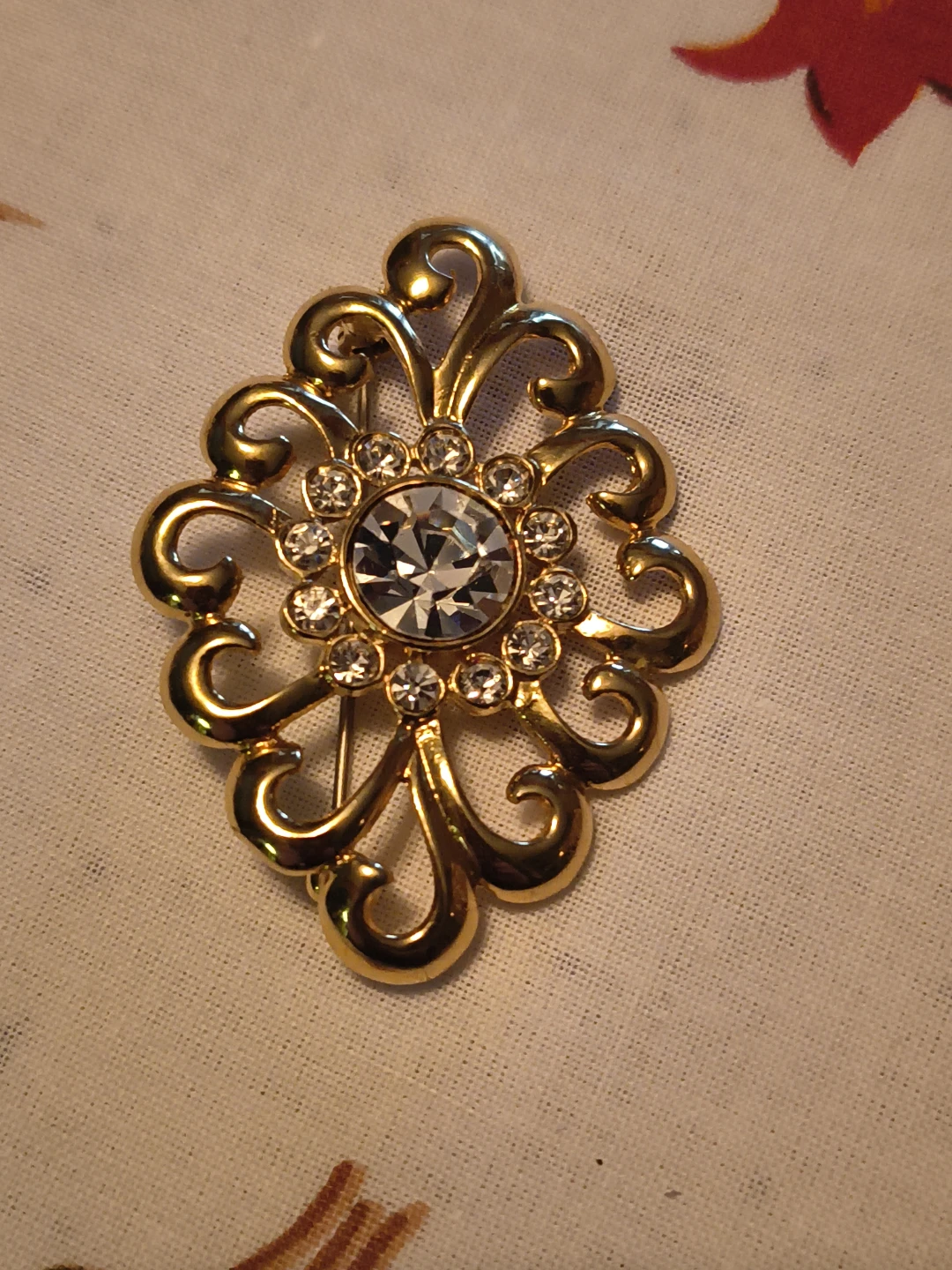 Gold-Tone Filigree Crystal Brooch