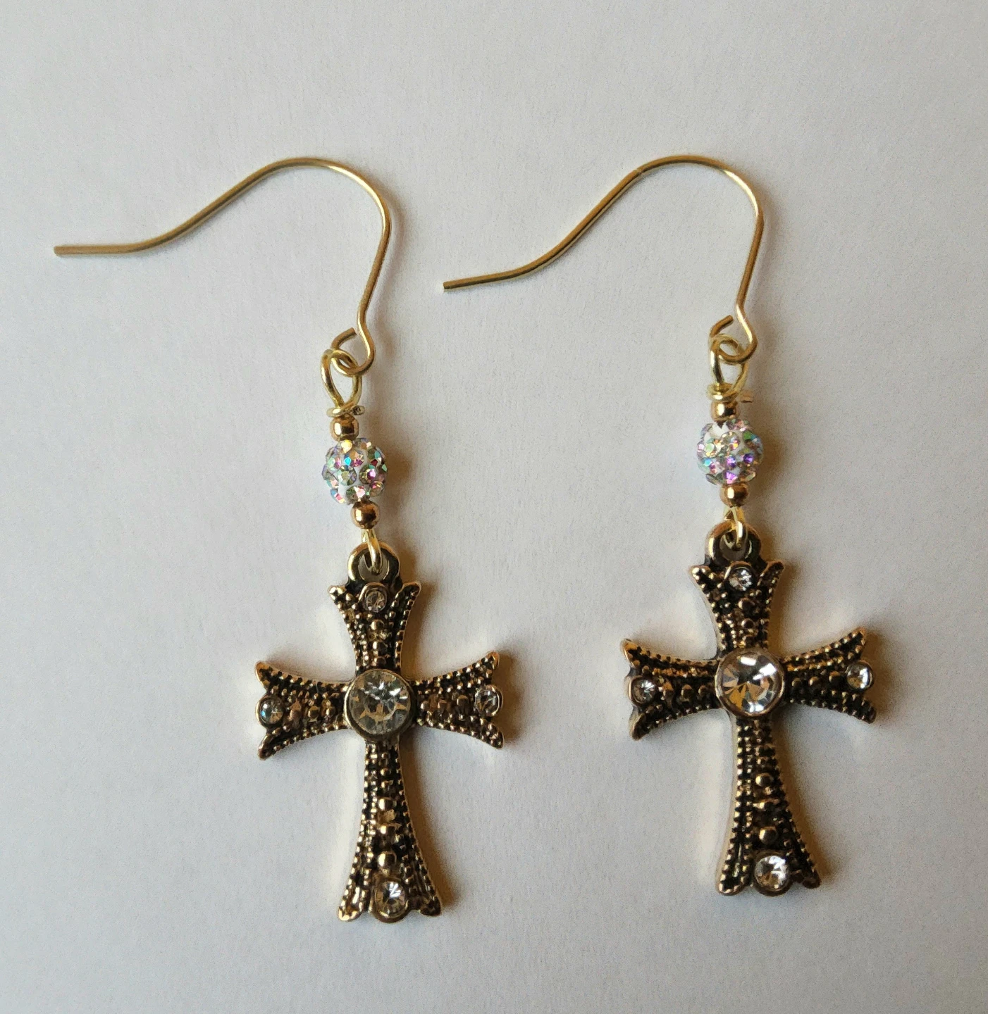 Handmade, hypo-allergenic gold cross earrings with rhinestones