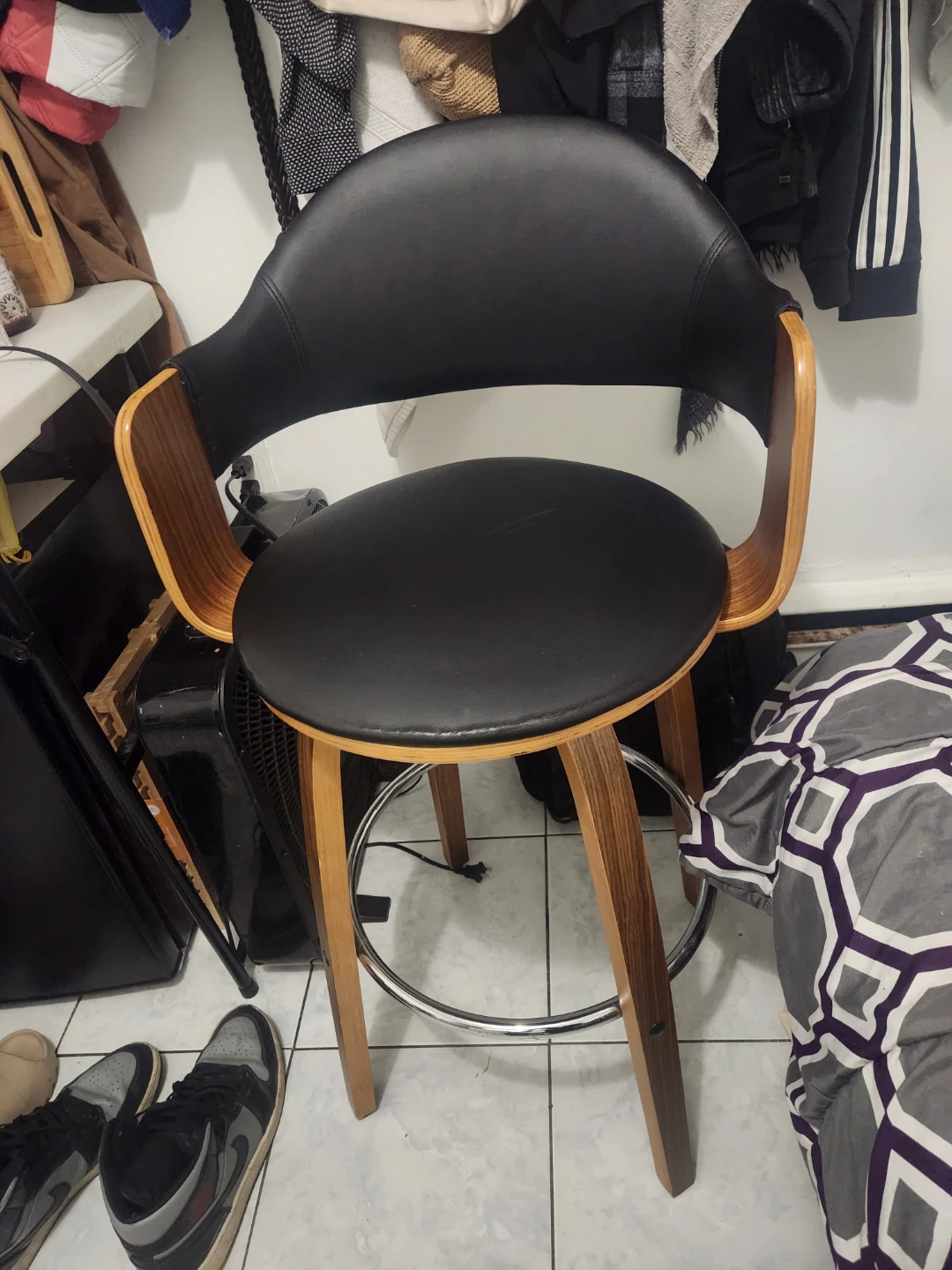 Modern Wood and Black Faux Leather Swivel Bar Stool