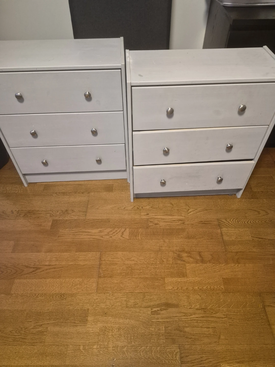 Set of Two Grey Three-Drawer Bedside Tables