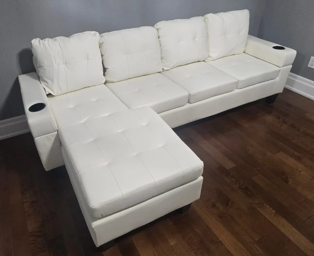 White Faux Leather Sectional Sofa with Cup Holders