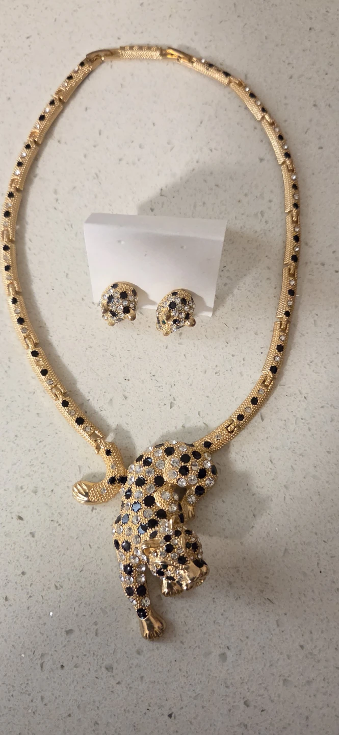Gold-tone Leopard Crystal Necklace and Earring Set