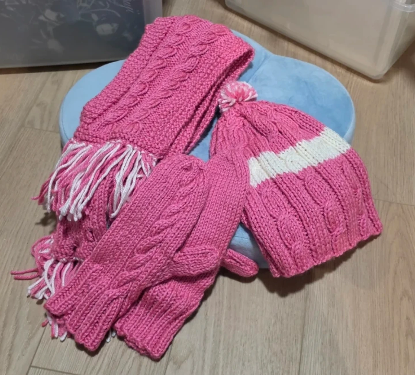 Handmade Pink Knit Scarf, Mittens, and Hat Set