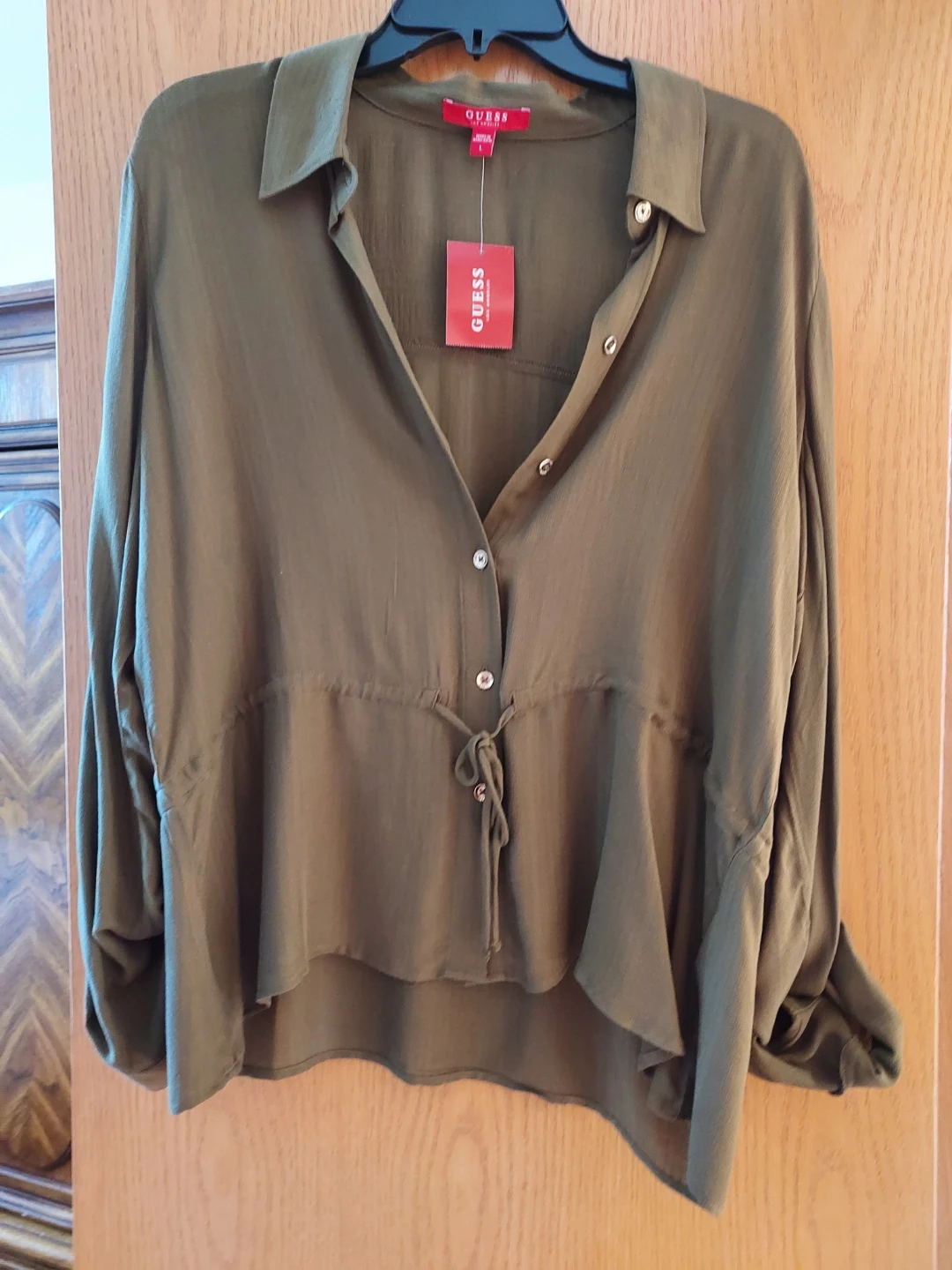 Guess button down drawstring blouse