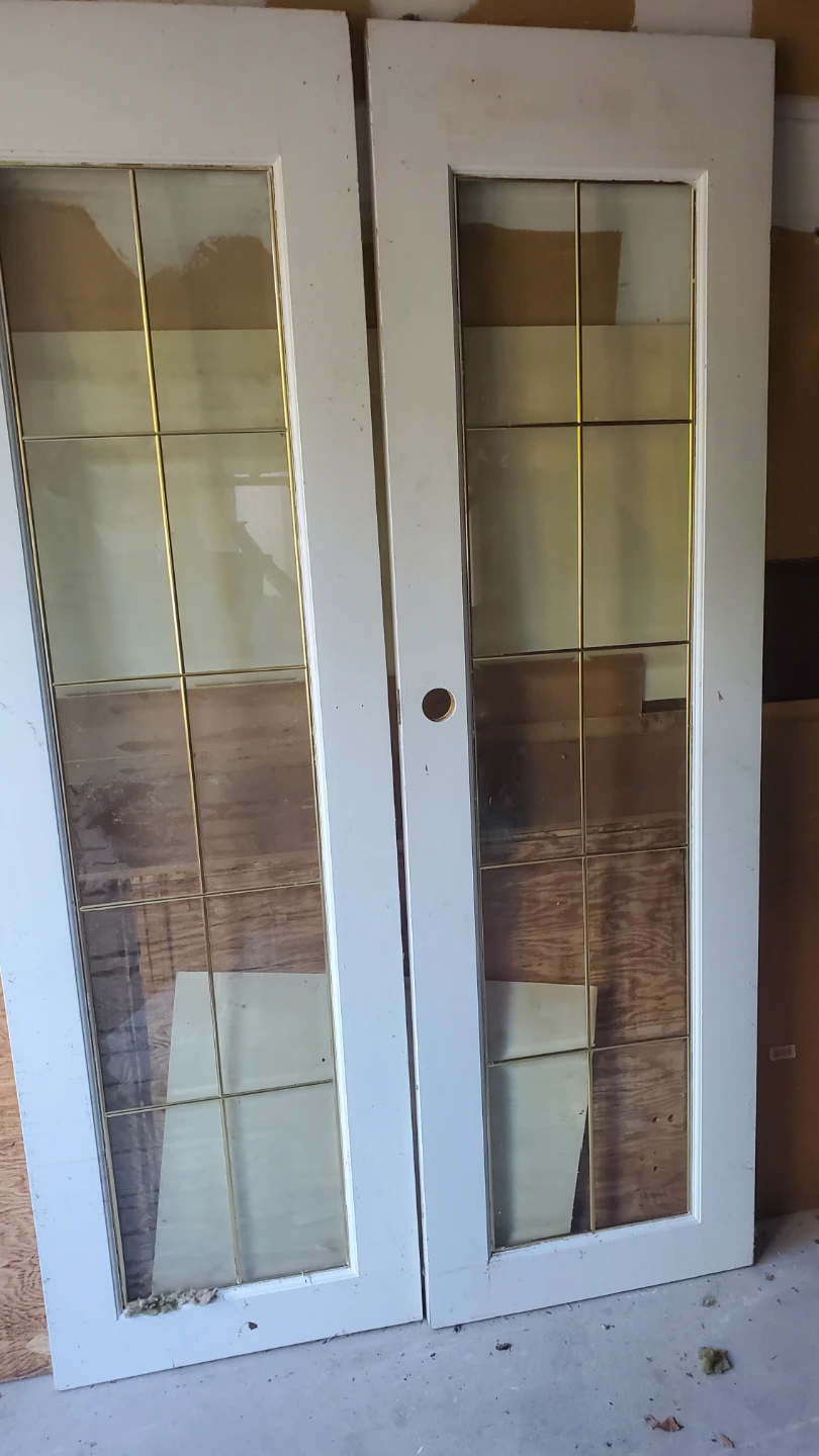 Set of Two White French Doors with Brass Grille