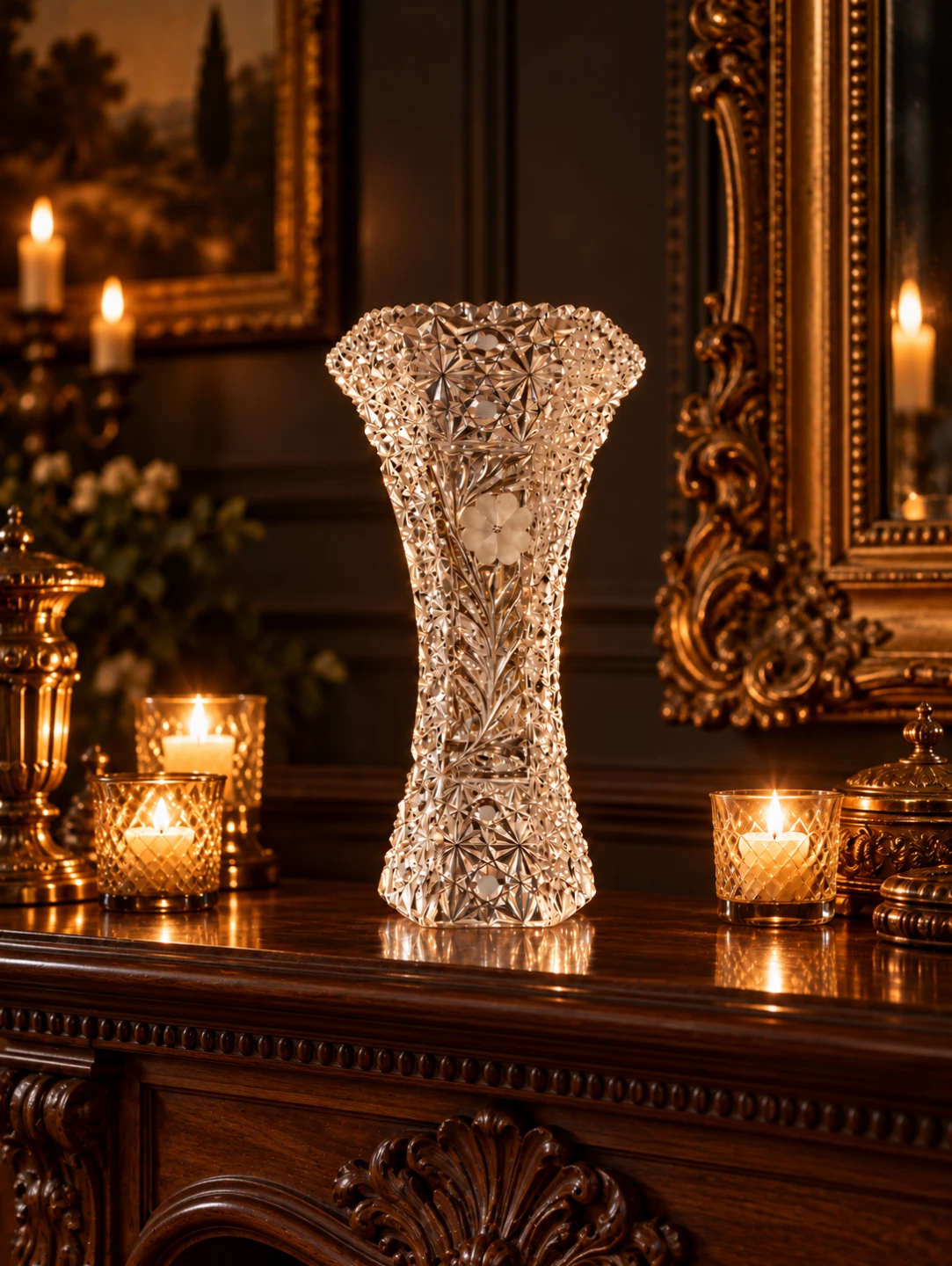 Vintage 30s Cut  Crystal and etched Glass Flower Vase