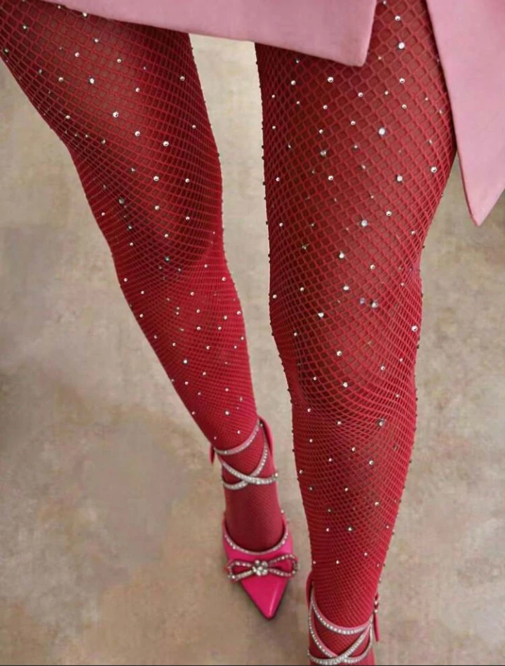 Red Rhinestone Fishnet Stockings