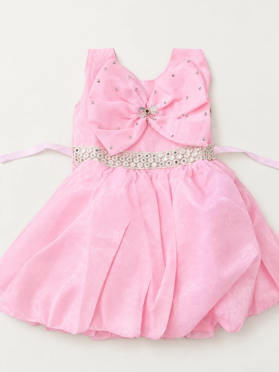 Girls Pink Party Dress with Rhinestone Bow