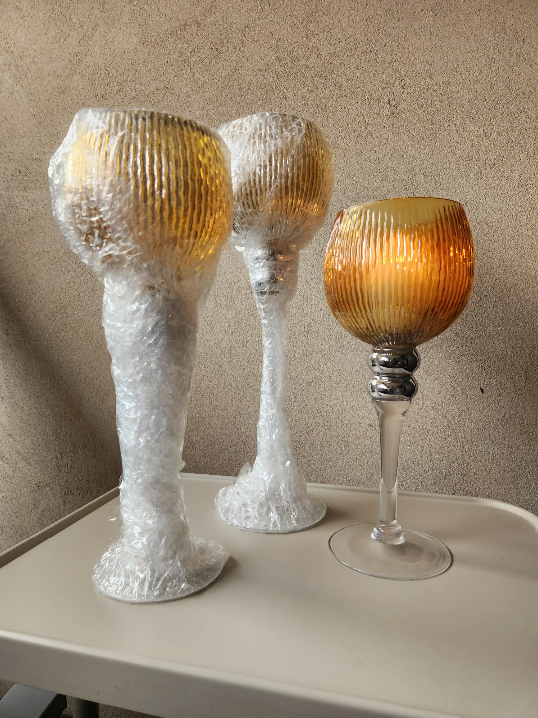 Set of 3 Amber Glass Candle Holders