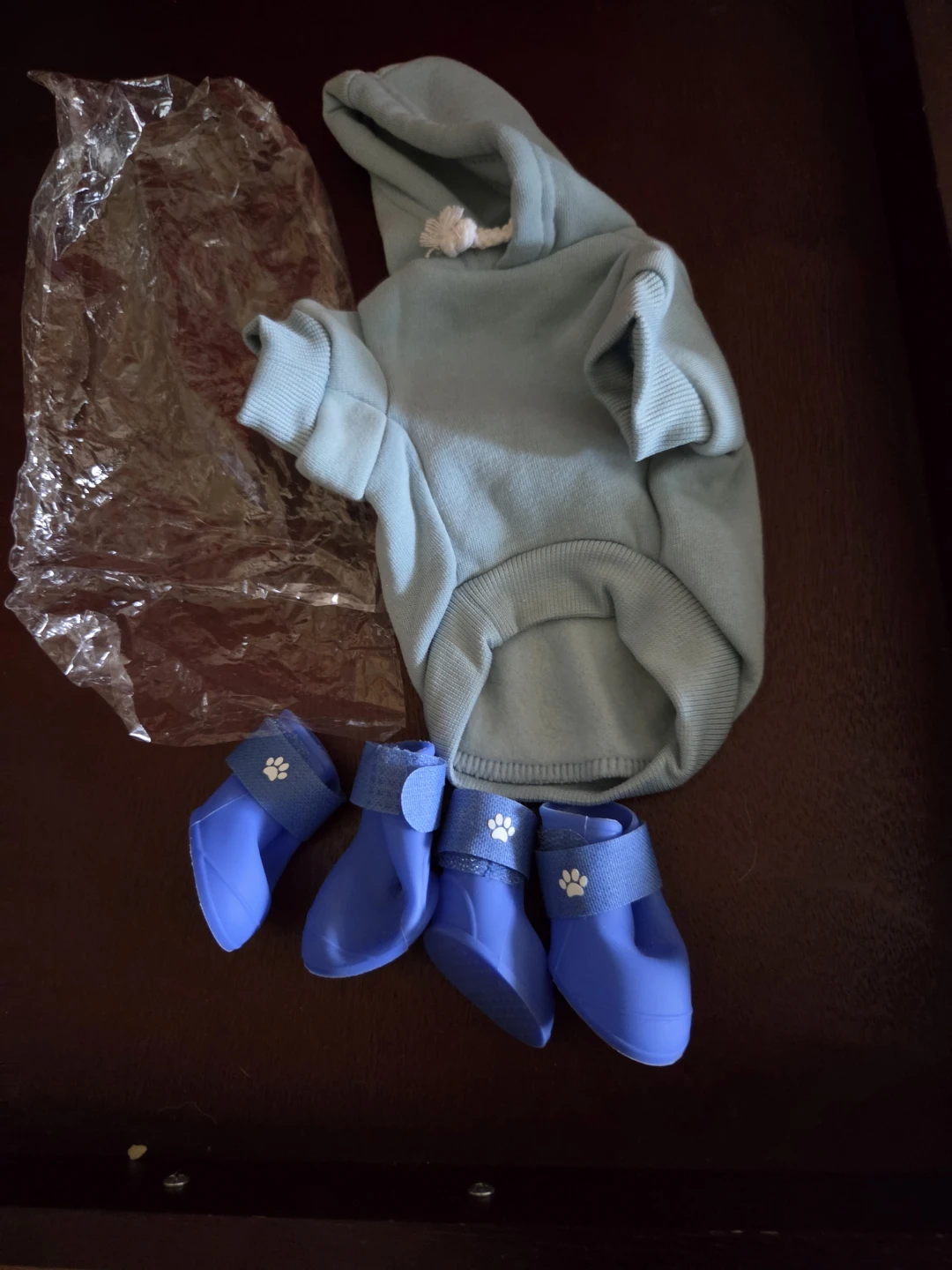 New Light Blue Pet Hoodie and Four Silicone Boots in size xsmall