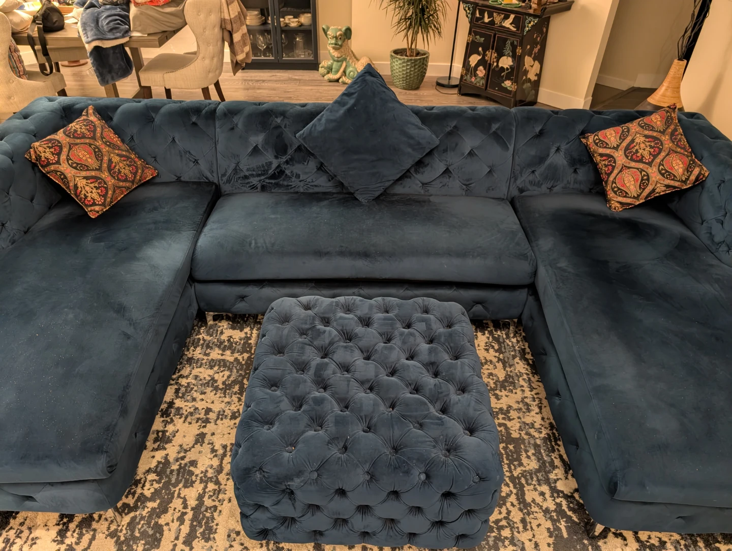 Navy Blue Velvet Sectional Sofa with Matching Ottoman - photo 5