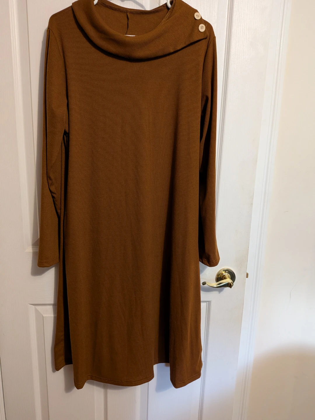 Brown Ribbed Cowl Neck Long Sleeve Dress - photo 2