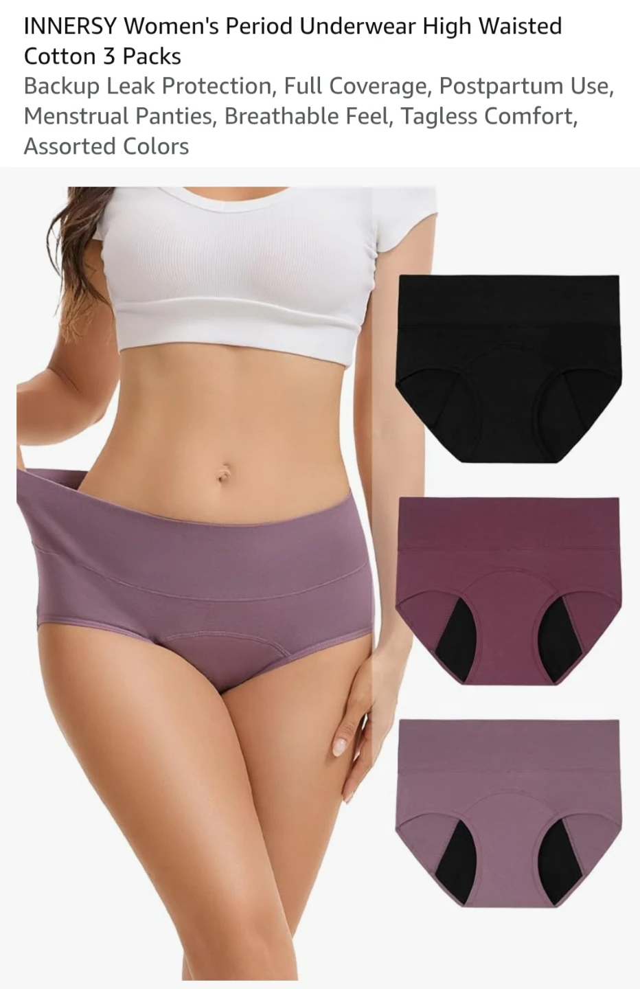 INNERSY Women's High Waisted Period Underwear 3 Pack