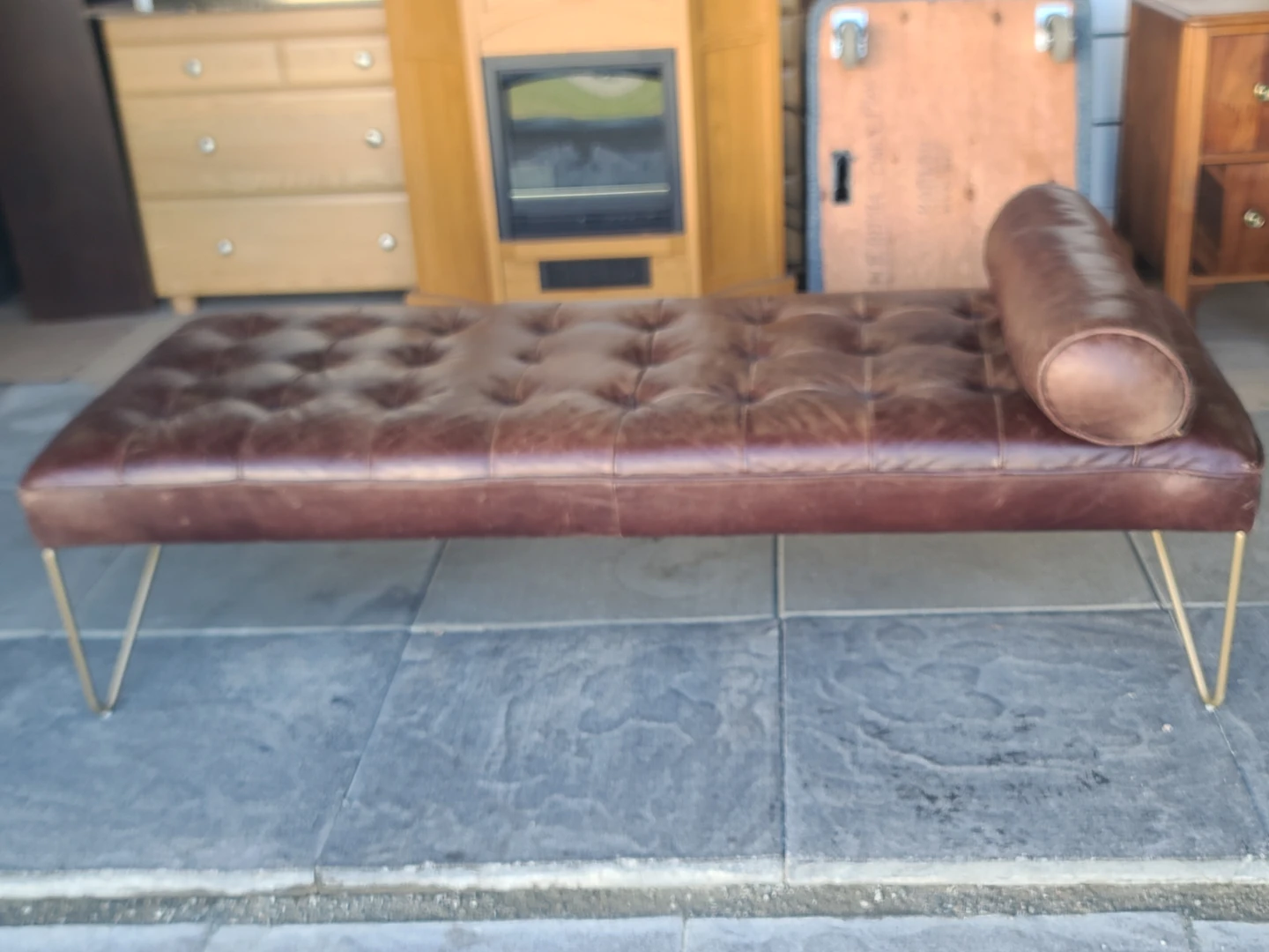 Tufted Leather Bench with Bolster Pillow