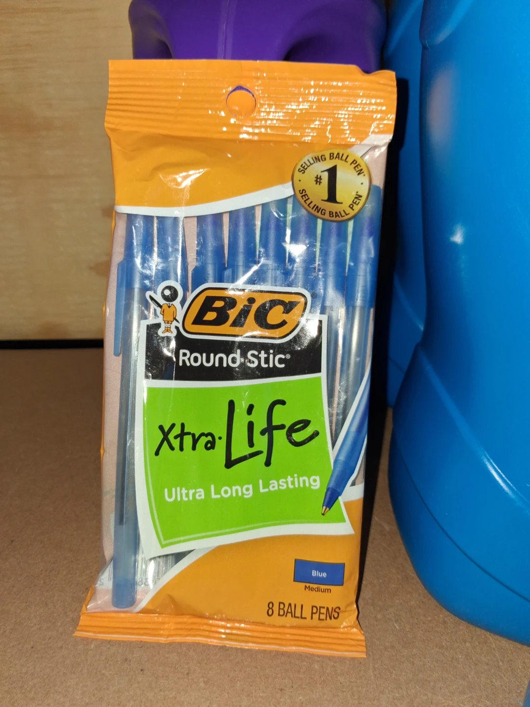 BIC Round Stic Xtra Life Ball Pens, Blue, 8 Pack
