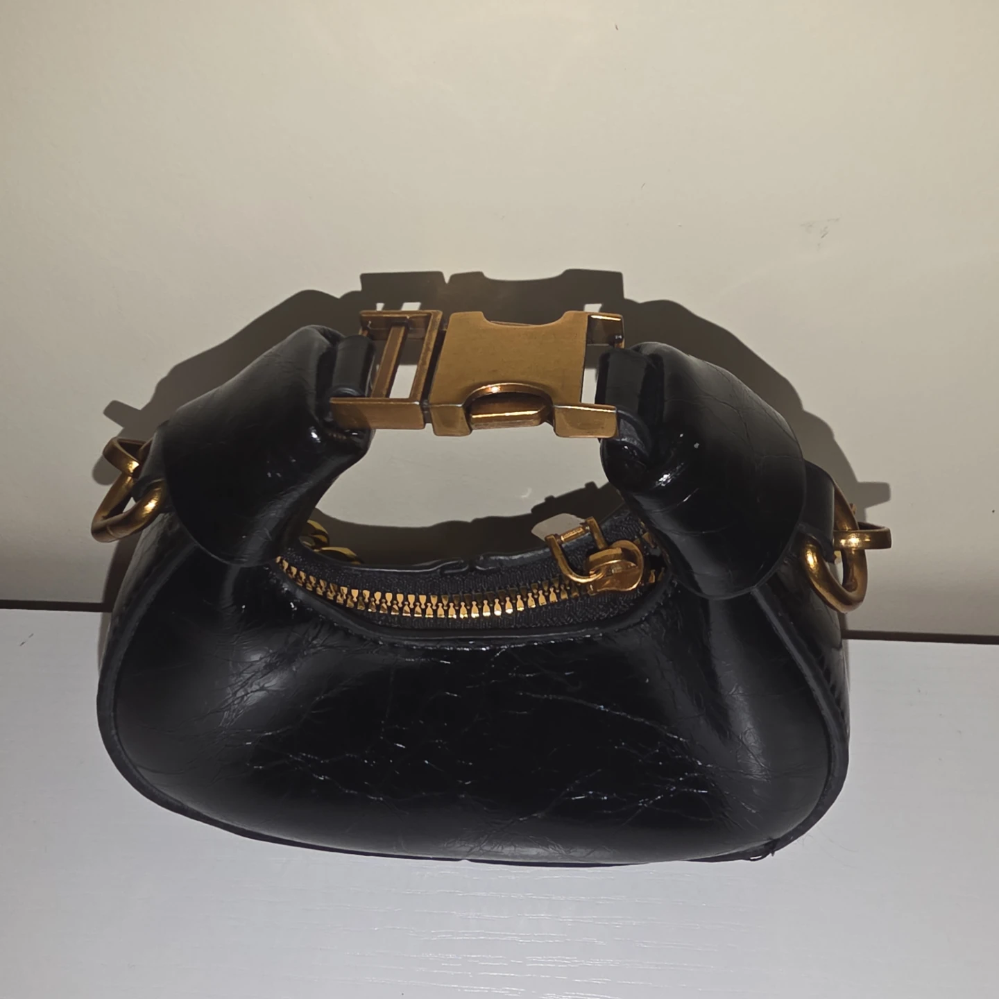 Black Croc-Embossed Mini Handbag with Gold Chain - photo 4