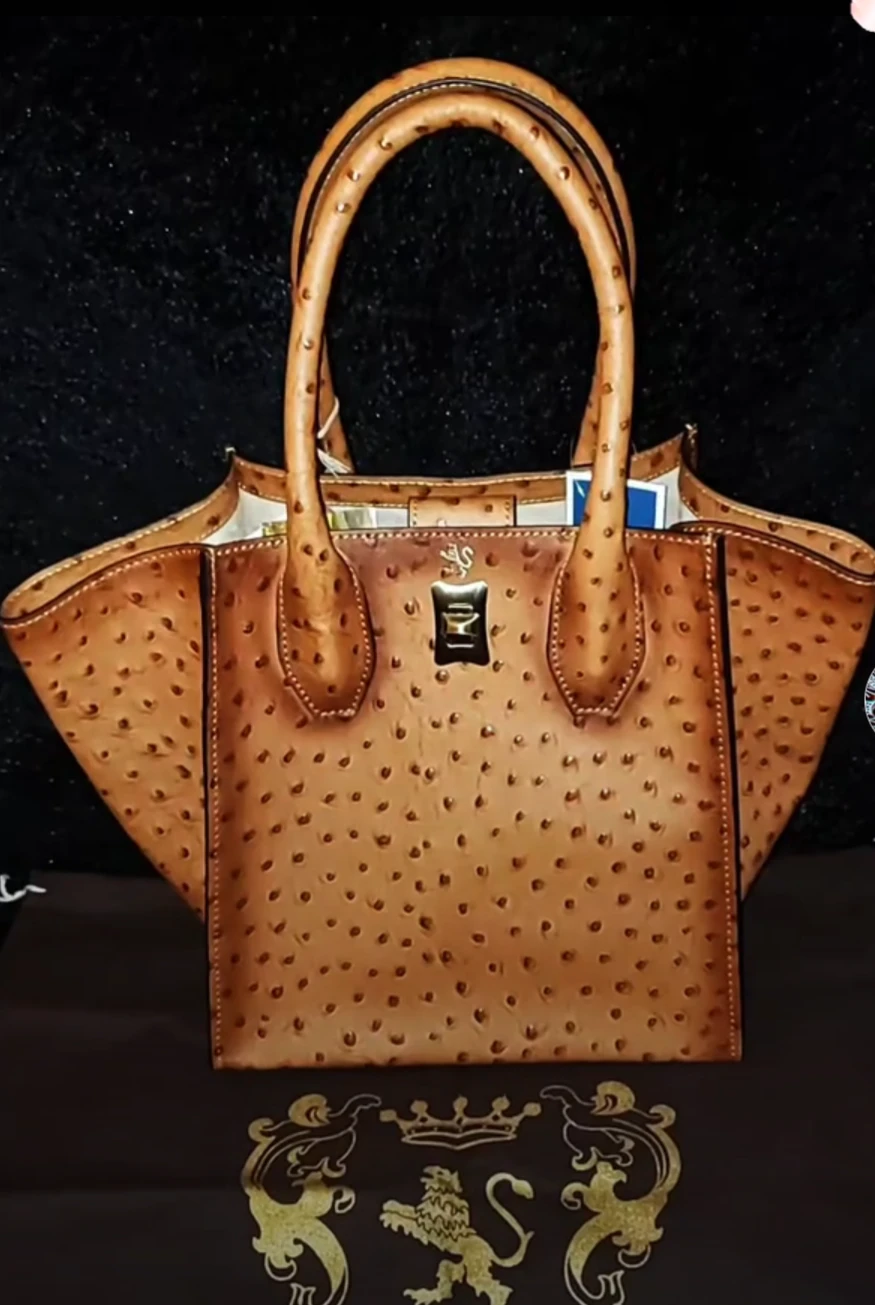 Tan Ostrich-Embossed Handbag