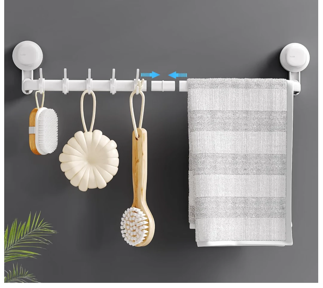 Brand New premium adjustable Suction Cup Towel Bar with Hooks