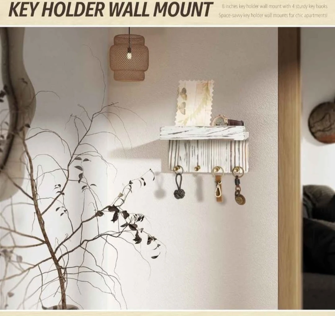 Rustic Wood Wall Mounted Key Holder with Shelf - photo 2