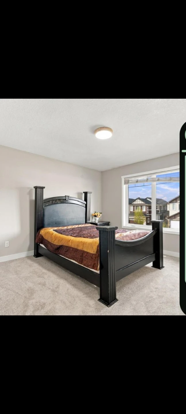 Dark Wood Bed Frame with Faux Marble Accent