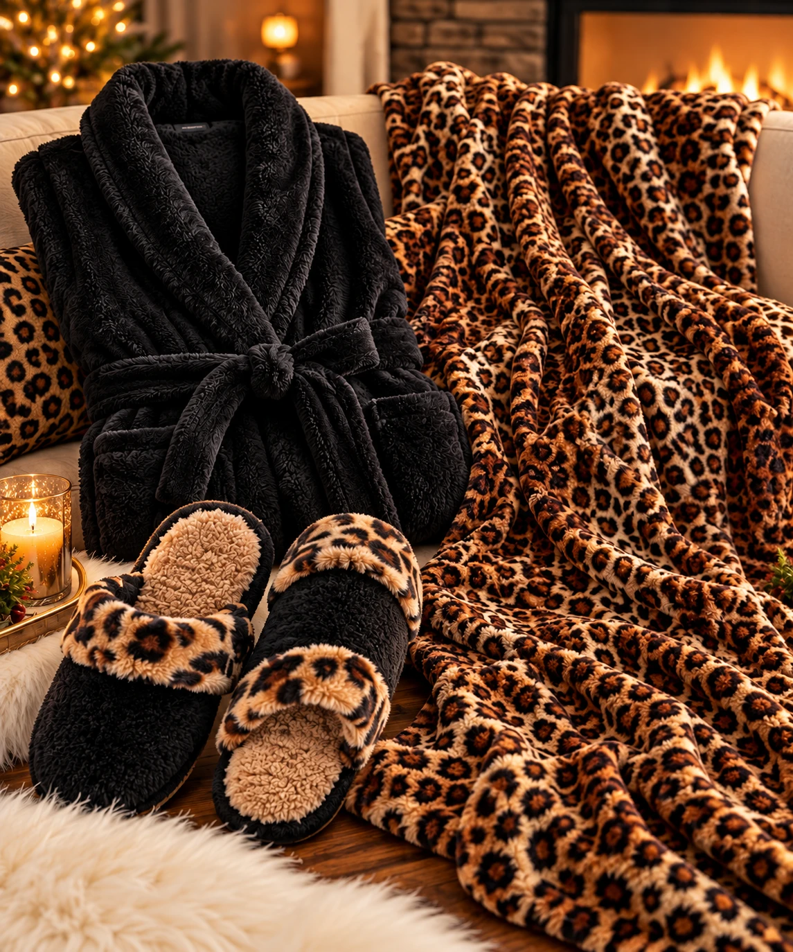 Plush Black Bathrobe and Leopard Print Slippers Set