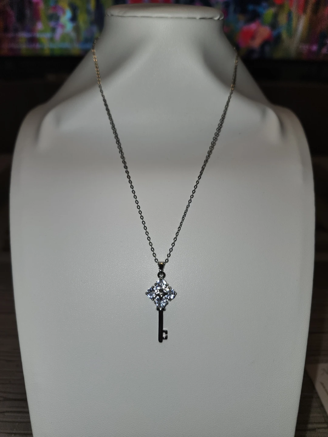 Silver Key Pendant Necklace with Clear Stones - photo 4