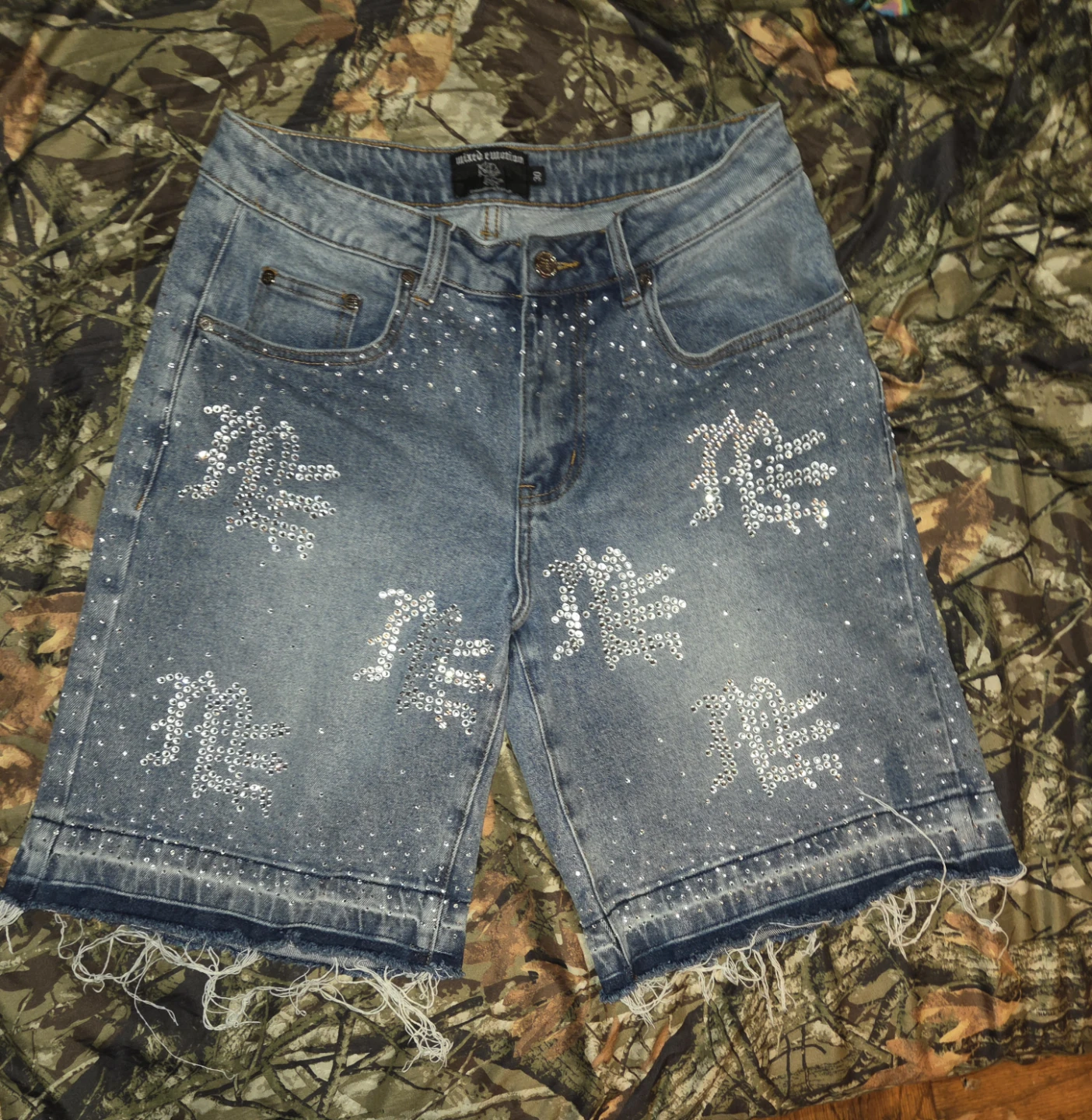 Mixed Emotion 'ME' Rhinestone Denim Shorts in a Men's W30