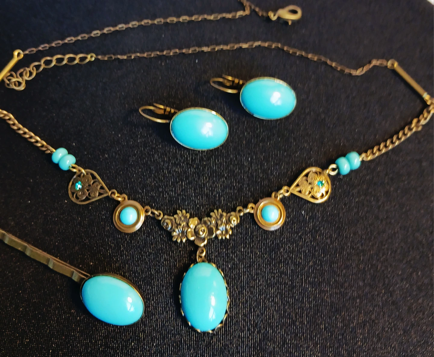 Vintage Style Turquoise Blue Necklace Earring and hair pin - photo 4