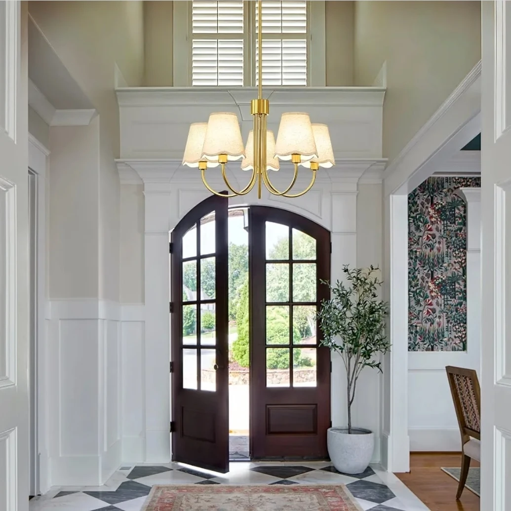 5-Light Brass Chandelier with Fabric Shades - photo 4
