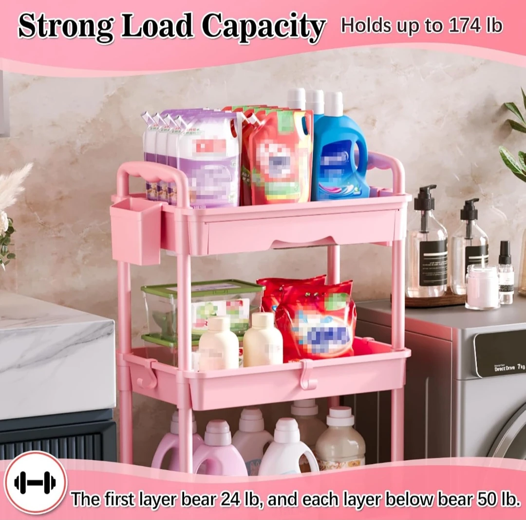 Pink 4-Tier Rolling Storage Cart with Drawer - photo 2