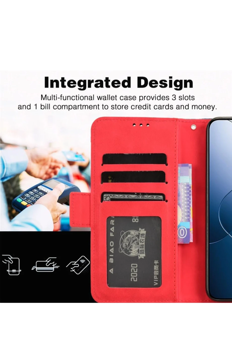 iPhone 15 Pro, PU Leather Wallet Folio Cover red - photo 3