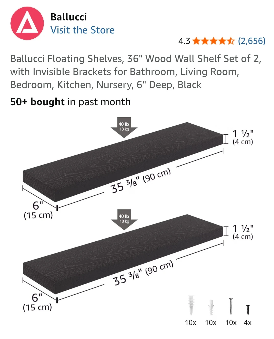 Ballucci Floating Shelves, Set of 2, Black - photo 4