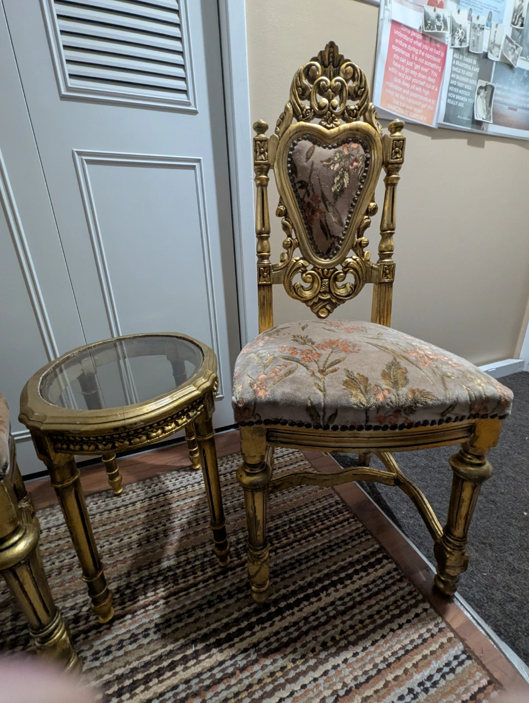 Kids Vintage Ornate Gold Chairs and Glass Top Side Table - photo 3