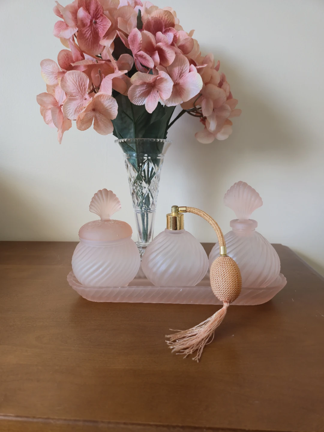 Vintage Pink Frosted Glass Vanity Set