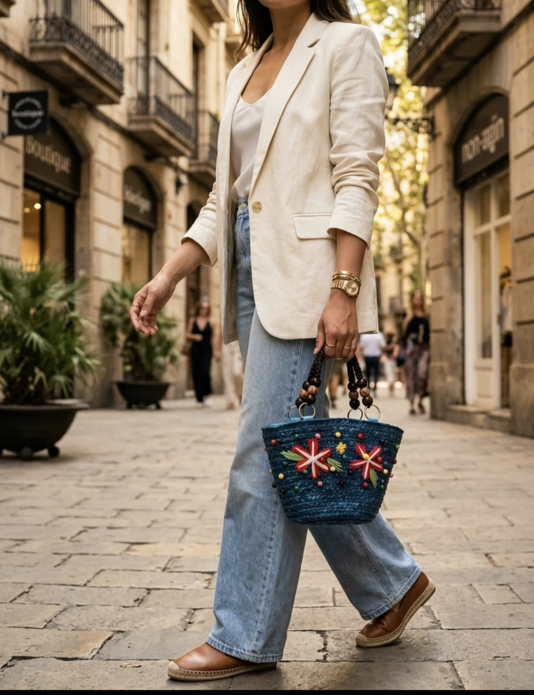Blue Woven Beaded Straw Handbag - photo 2