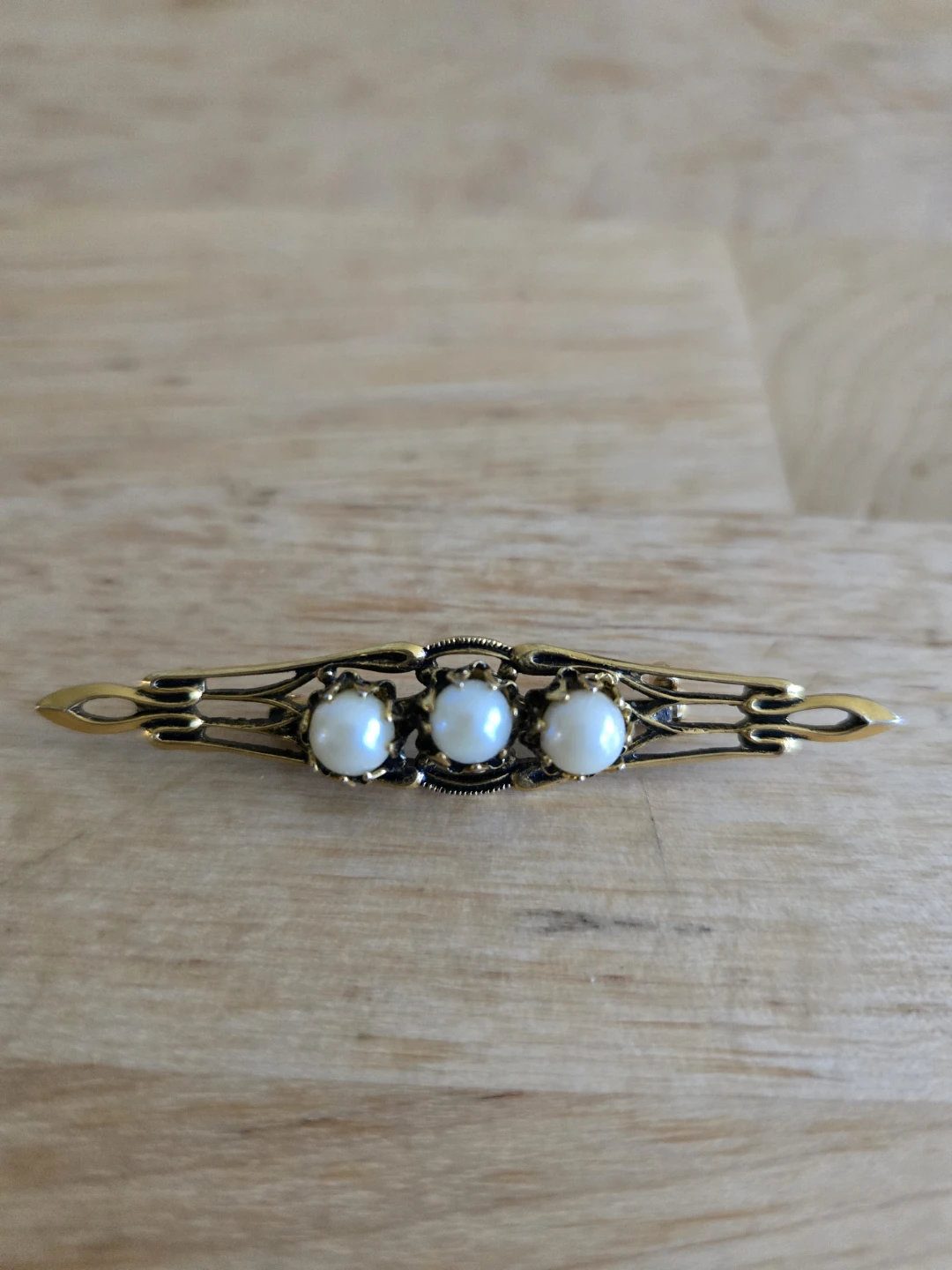 Vintage Gold-Tone Bar Brooch with Three Faux Pearls