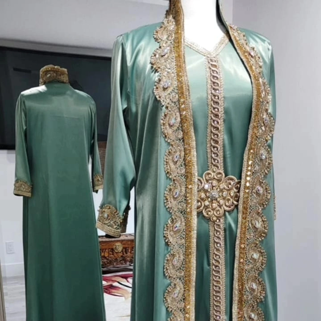 Green Satin Kaftan with Gold Embroidery