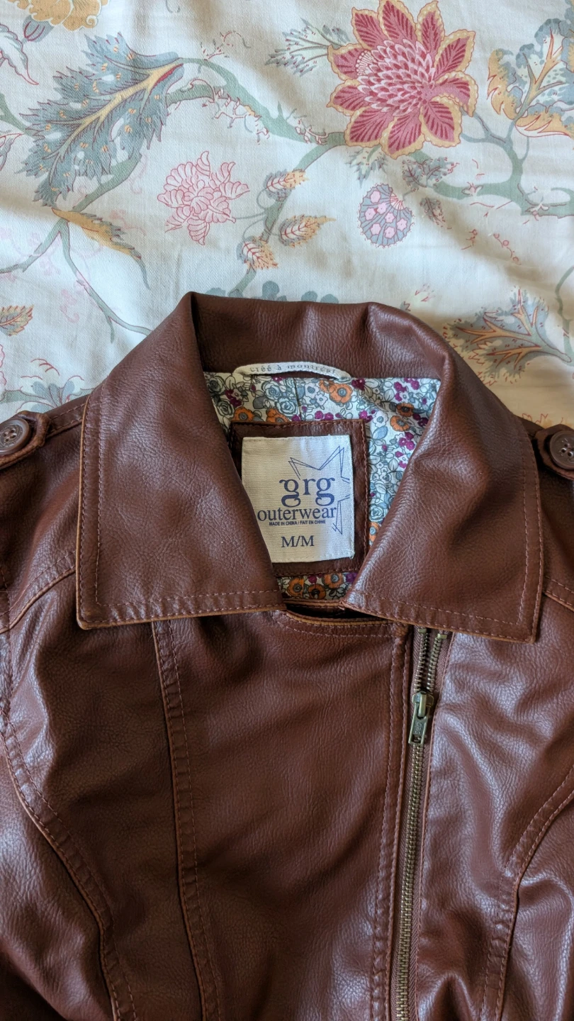 brown faux leather jacket with floral print