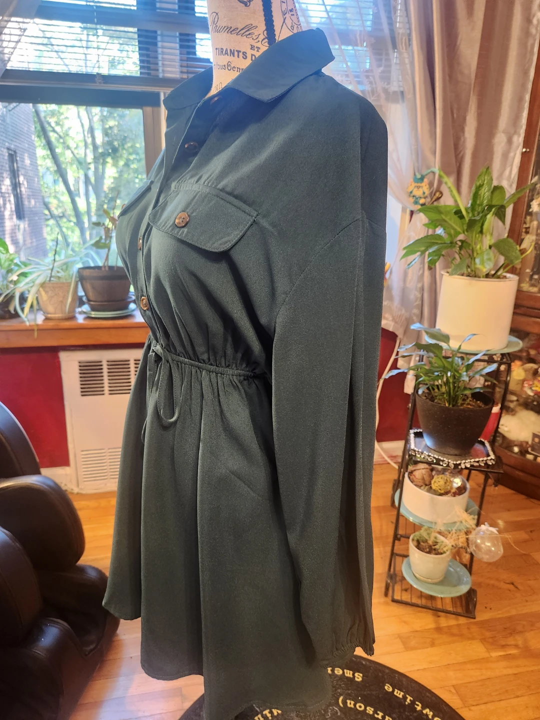 Casual Dark Emerald Green Long Sleeve Drawstring Shirt Dress - photo 2