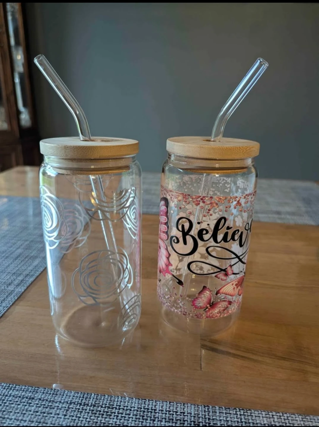 Two Glass Can Tumblers with Bamboo Lids and Straws