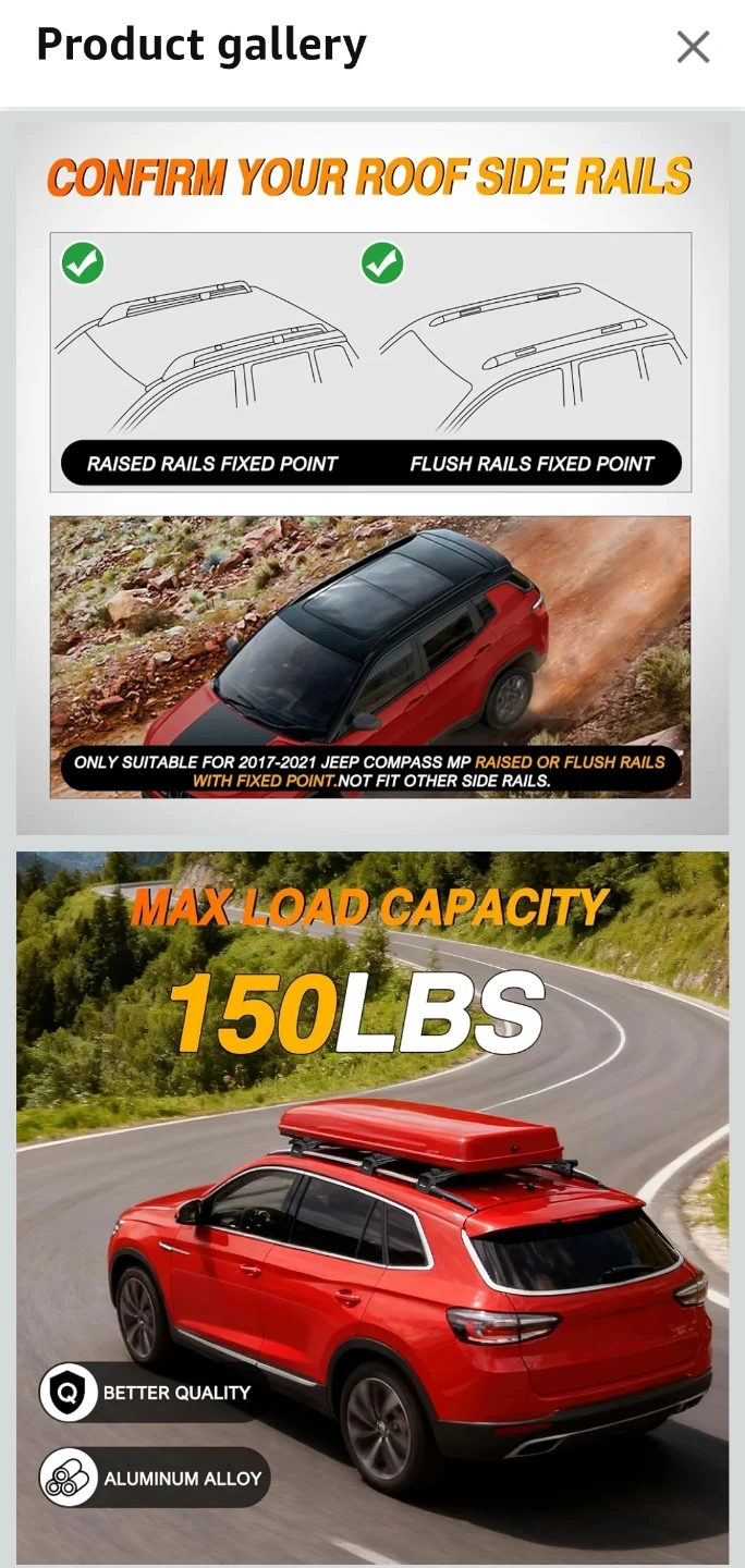 Roof Rack Cross Bars for 2017 TO 2021 JEEP COMPASS MP - photo 4
