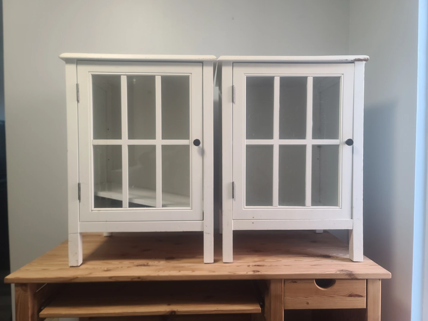 Pair of White Glass Door Cabinets