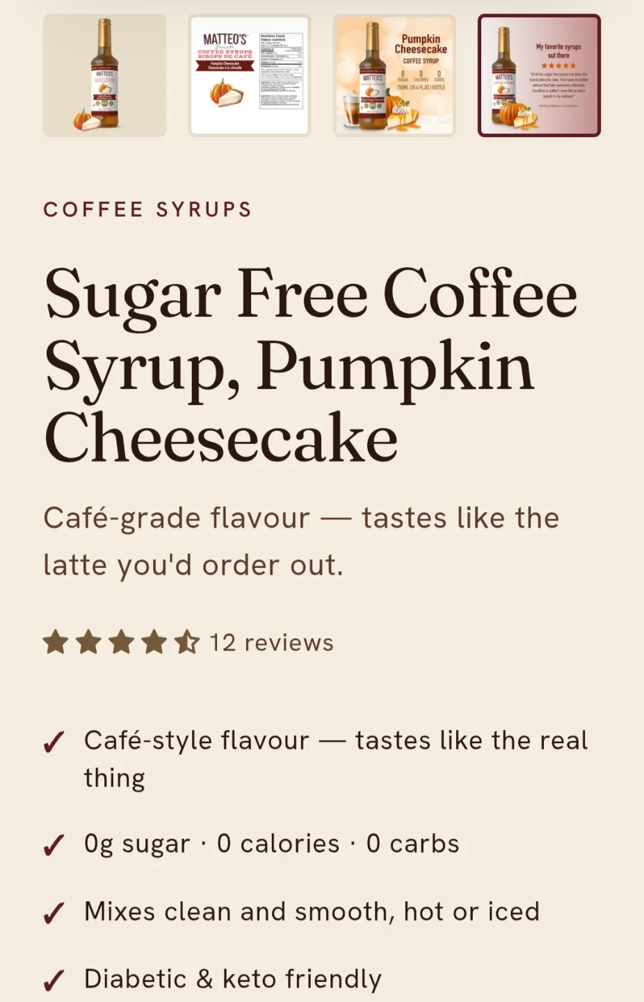 Matteo's Pumpkin Cheesecake Sugar Free Coffee Syrup - photo 3
